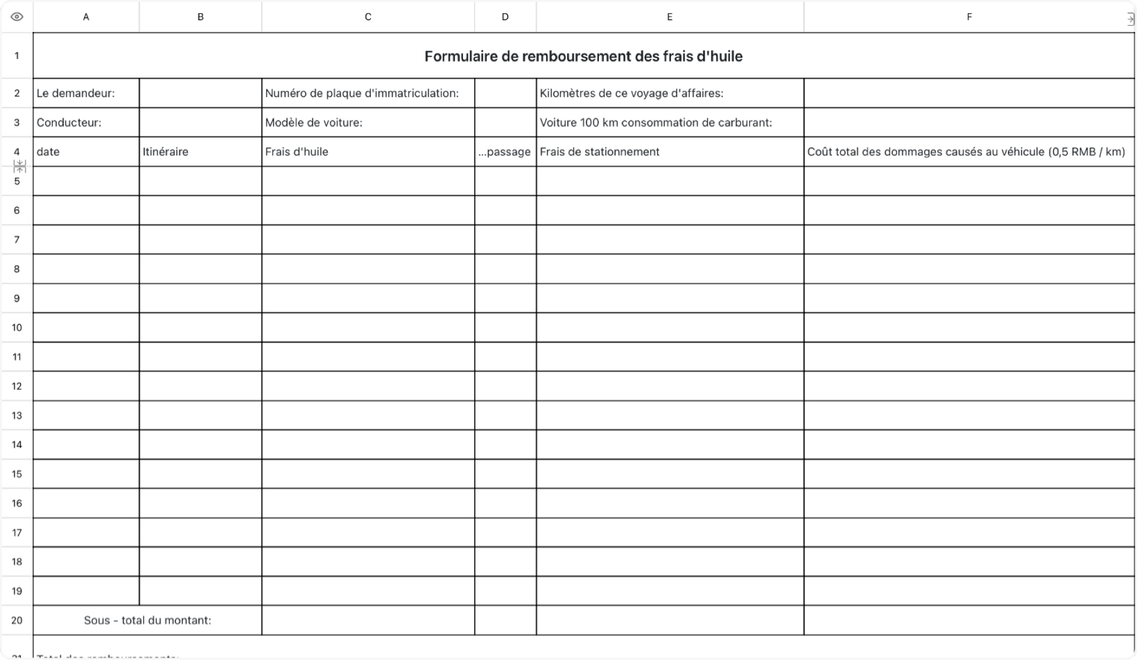 Formulaire de remboursement des frais d'huile